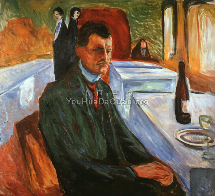 Self-Portrait with a Wine Bottle - 爱德华·蒙克